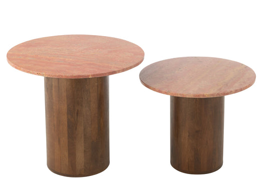 Set Of 2 Side Table Round Marble Terracotta/Dark Brown
