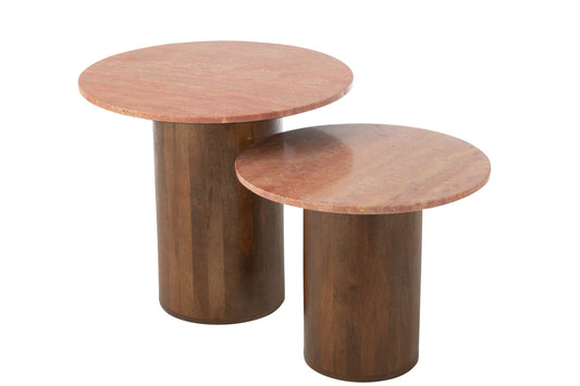 Set Of 2 Side Table Round Marble Terracotta/Dark Brown
