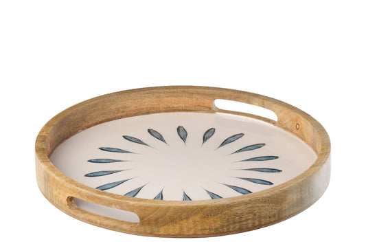 Dienblad rond mango hout donkerblauw/wit