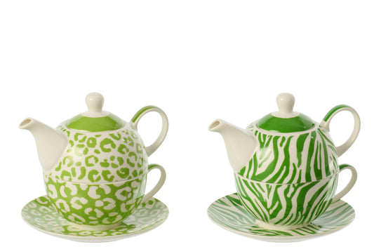 Theepot luipaard + zebra porselein groen/wit assortiment van 2