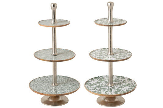 Set van 2 serveer standaard 3 niveaus mango hout groen/wit