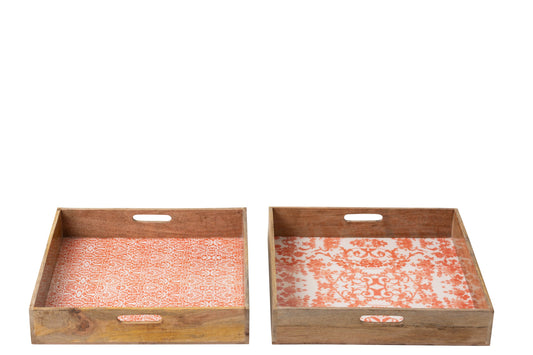 Dienblad vierkant mango hout oranje/wit assortiment van 2