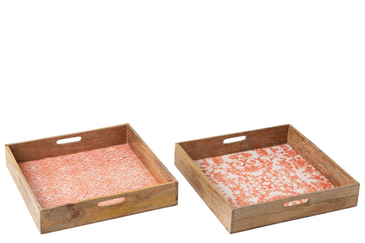 Dienblad vierkant mango hout oranje/wit assortiment van 2