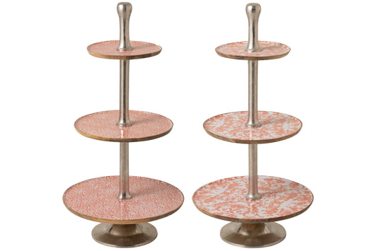 Set van 2 serveer standaard 3 niveaus mango hout oranje/wit