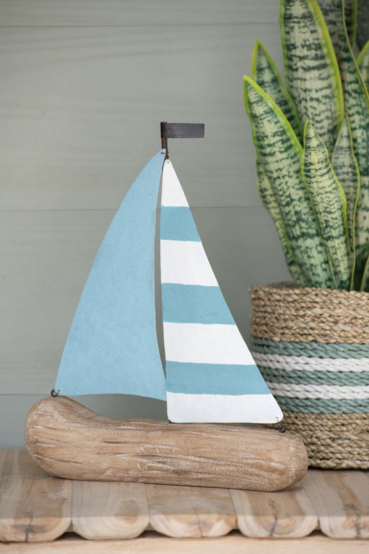 Sailboat Paulownia Wood Natural/Light Blue Small