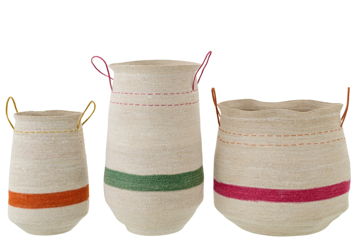 Set van 3 mand met handvat gestreept zeegras meerkleurig