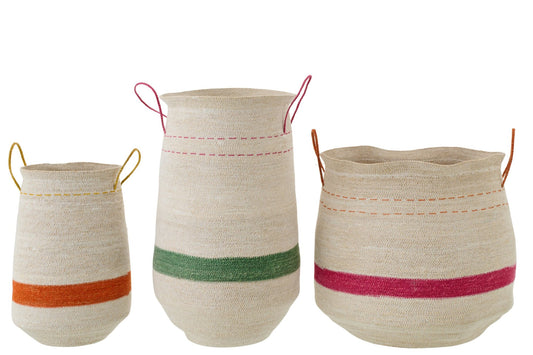 Set van 3 mand met handvat gestreept zeegras meerkleurig