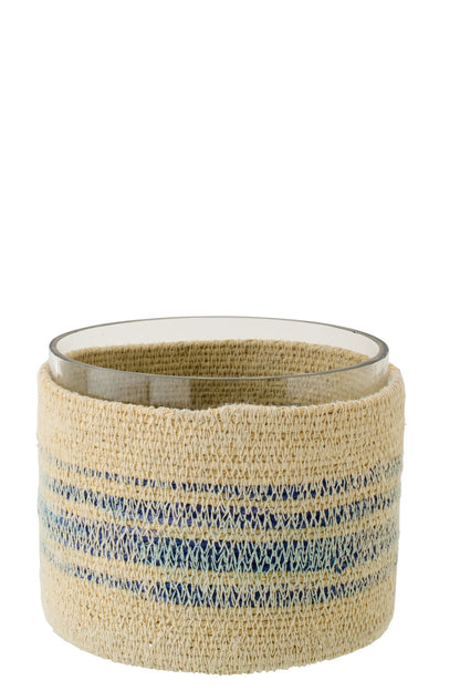 Theelichthouder Gestreept Zeegras Naturel/Blauw