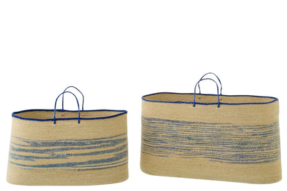 Set of 2 baskets with handles striped seagrass natural/blue