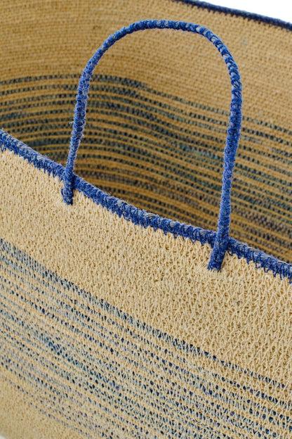Set of 2 baskets with handles striped seagrass natural/blue