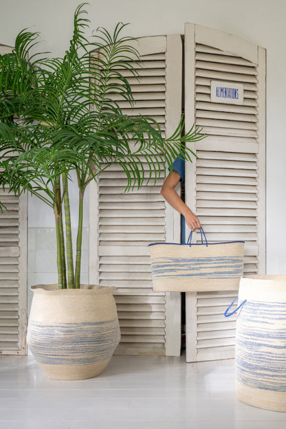 Set of 2 baskets with handles striped seagrass natural/blue