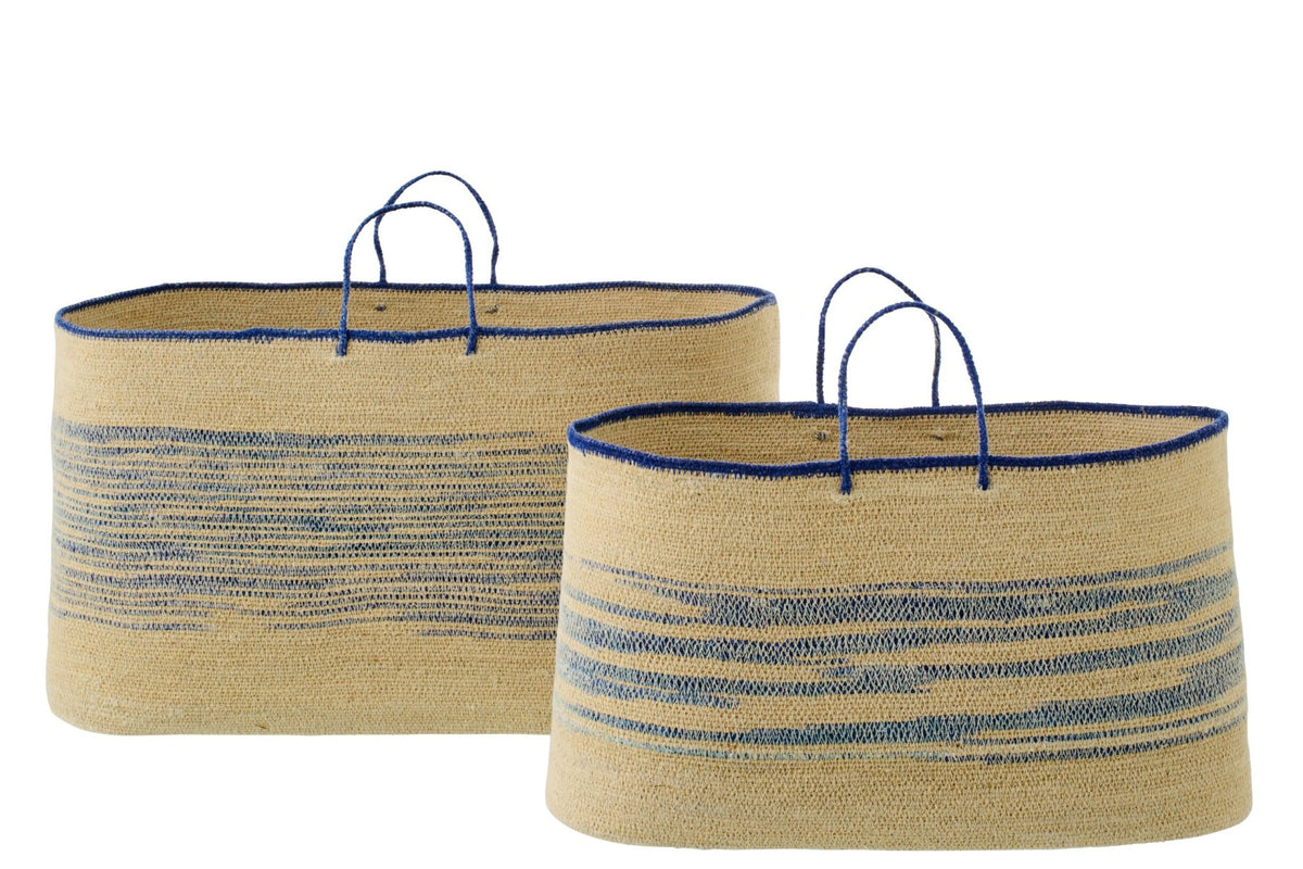 Set of 2 baskets with handles striped seagrass natural/blue