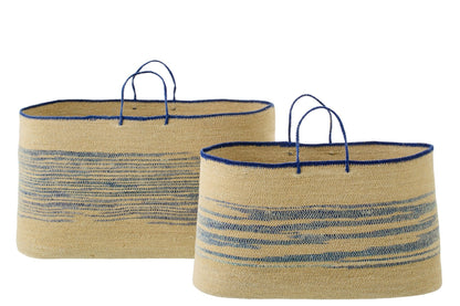Set of 2 baskets with handles striped seagrass natural/blue