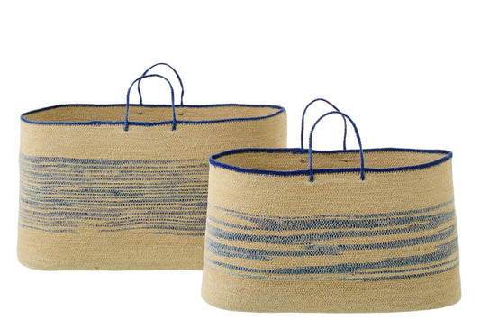 Lot de 2 paniers avec poignée en jonc marin rayé naturel/bleu