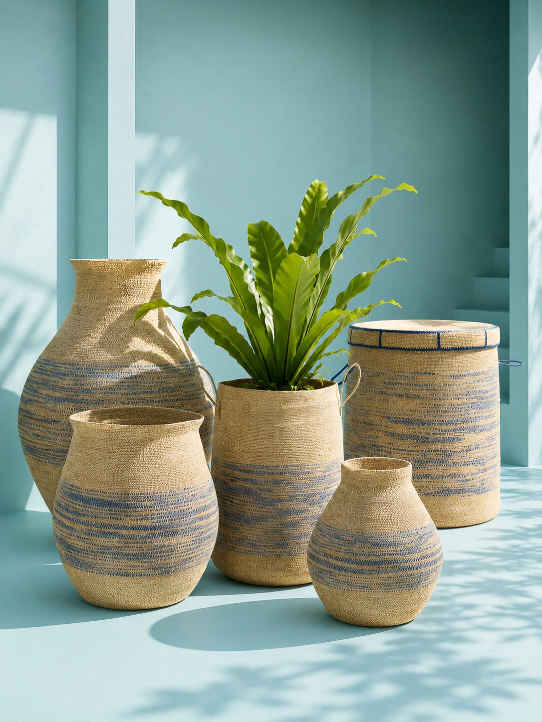 Basket with handle striped seagrass natural/blue