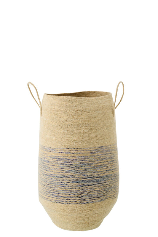 Panier avec poignée en jonc marin naturel/bleu à rayures