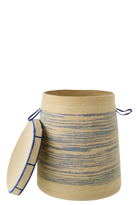 Panier avec poignée + couvercle en jonc marin rayé naturel/bleu