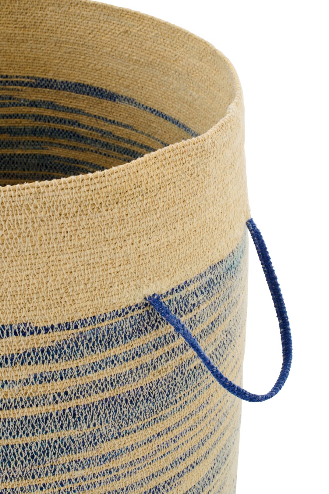 Basket with handle + lid striped natural/blue seagrass