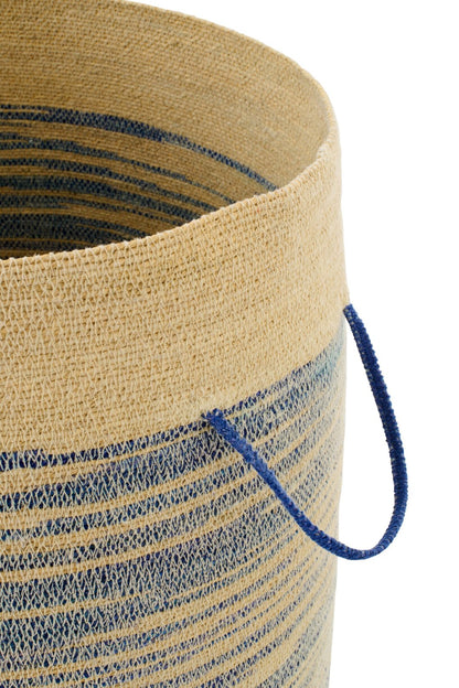 Basket with handle + lid striped natural/blue seagrass