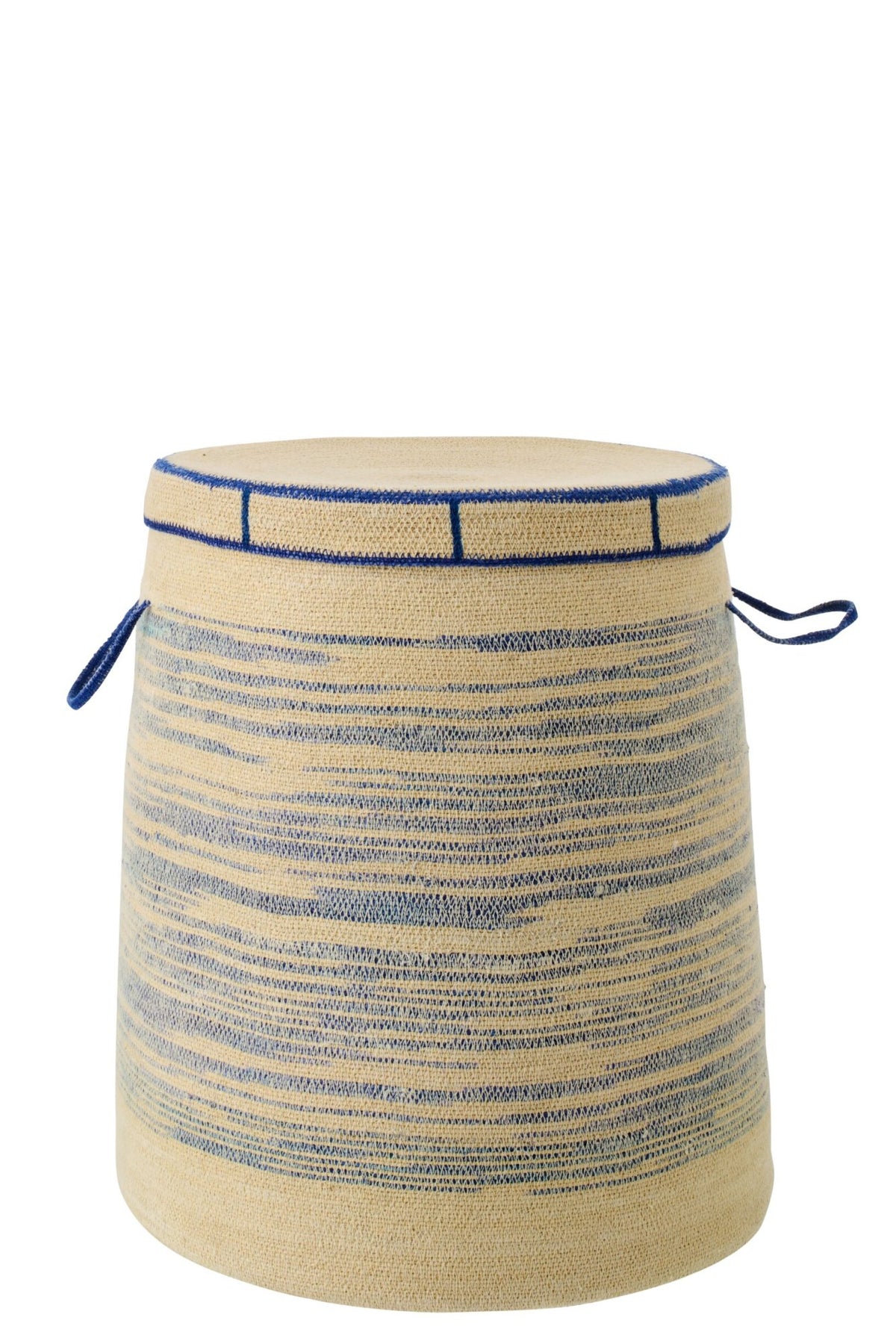 Basket with handle + lid striped natural/blue seagrass