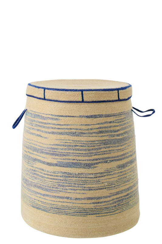 Panier avec poignée + couvercle en jonc marin rayé naturel/bleu