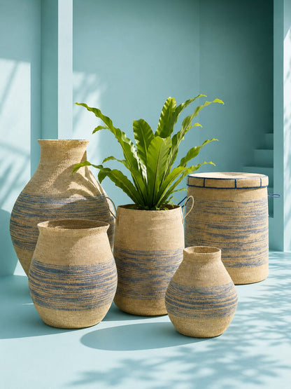 Panier rayé en jonc de mer naturel/bleu petit