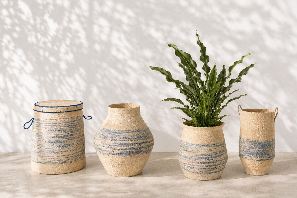 Panier rayé en jonc de mer naturel/bleu petit