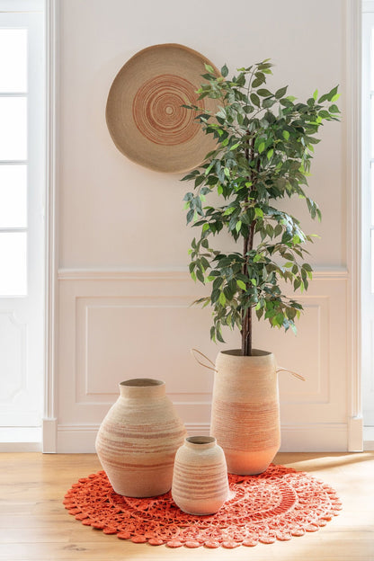 Basket with handle striped seagrass natural/dark orange