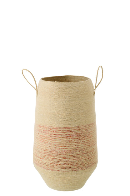 Basket with handle striped seagrass natural/dark orange