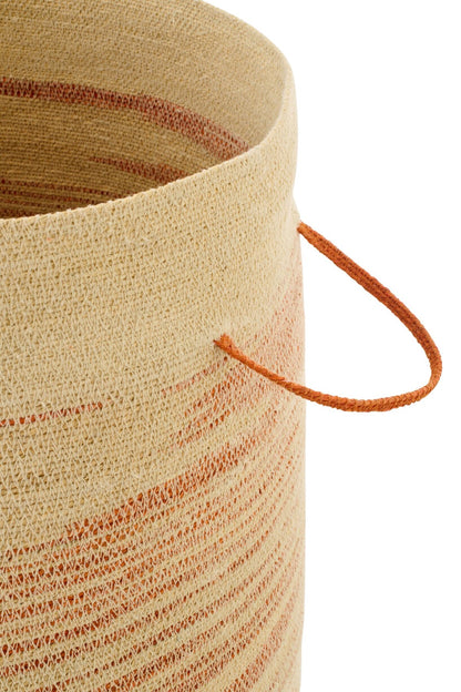 Panier avec poignée + couvercle rayé en jonc de mer naturel/orange foncé