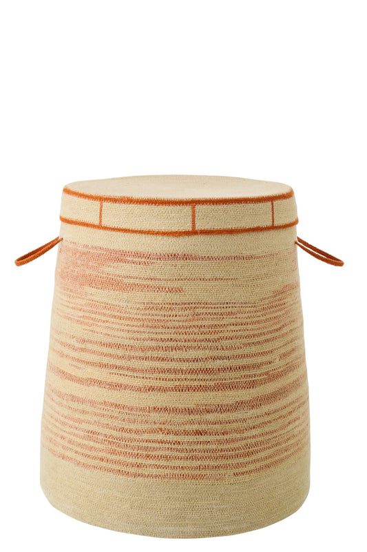 Panier avec poignée + couvercle rayé en jonc de mer naturel/orange foncé