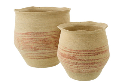 Set of 2 striped seagrass baskets natural/dark orange