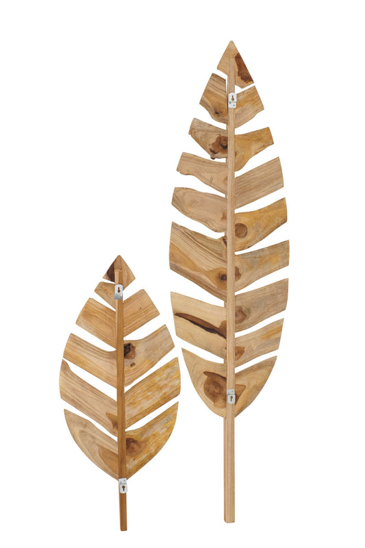 Set Of 2 Wall Object Leaves Teak Wood Natural