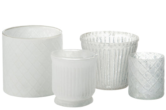 Theelichthouder  Streep Glas Wit 9X9X9,5cm