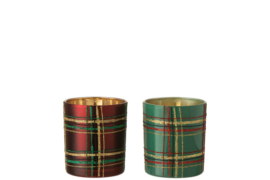 Theelichthouder Geruit Glas Rood/Groen Large Assortiment Van 2