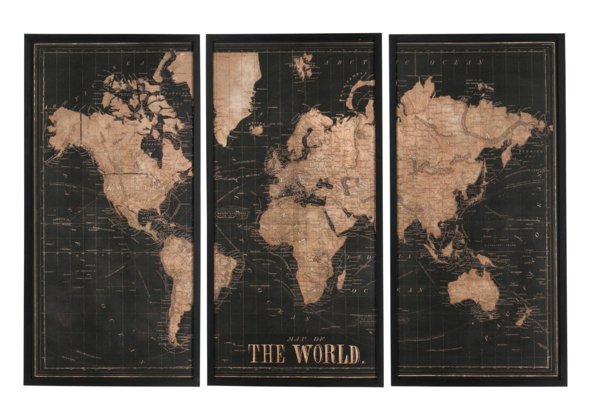 Set 3 Frames Map World Wood Black/Brown