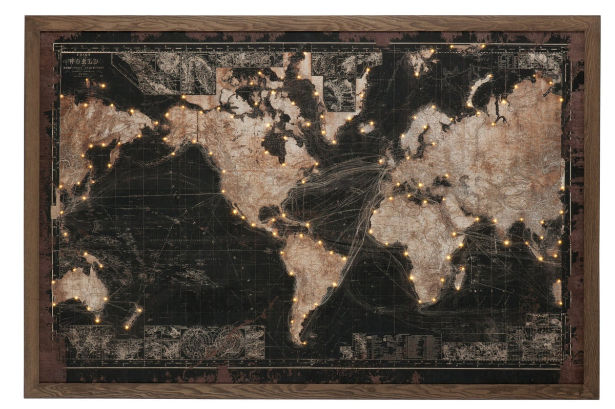 Frame LED Batteries Map World Wood/Canvas Black/Brown