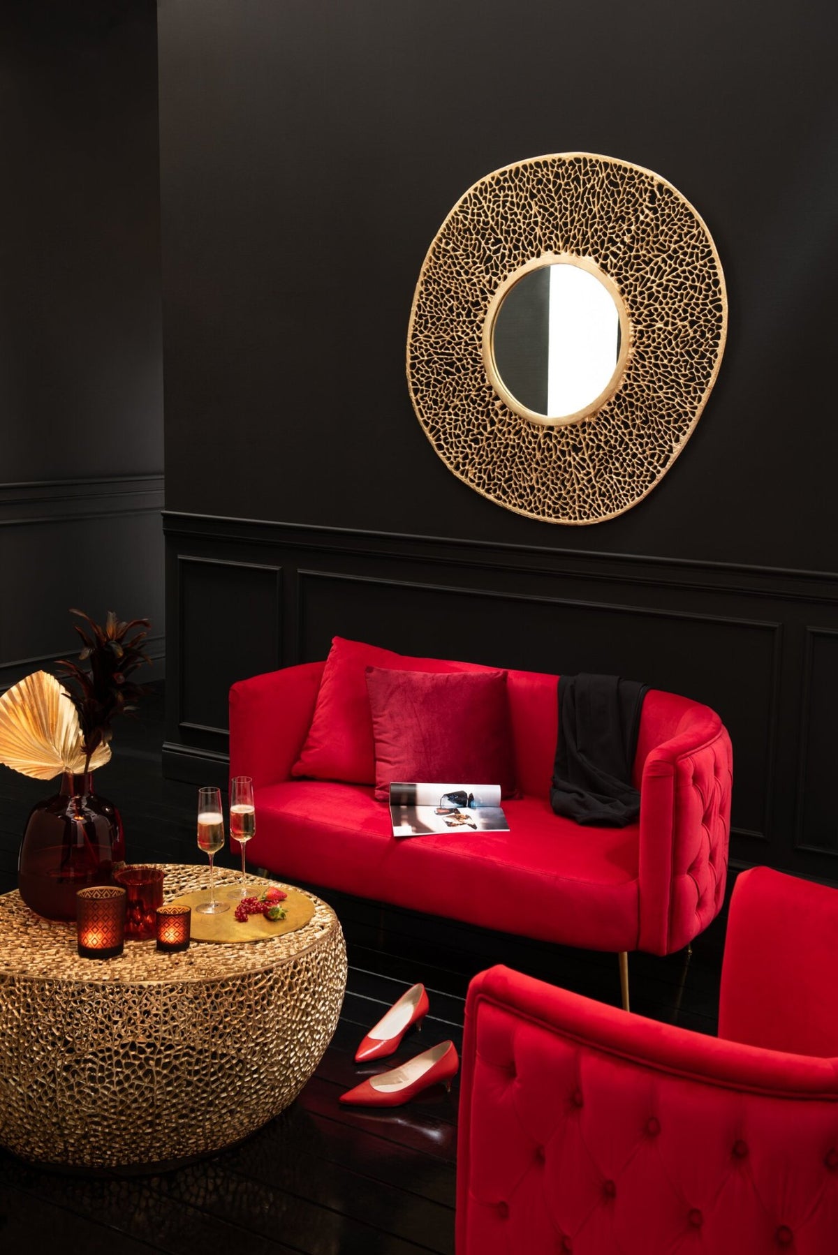 Coffee Table Round Coral Pattern Aluminium Gold