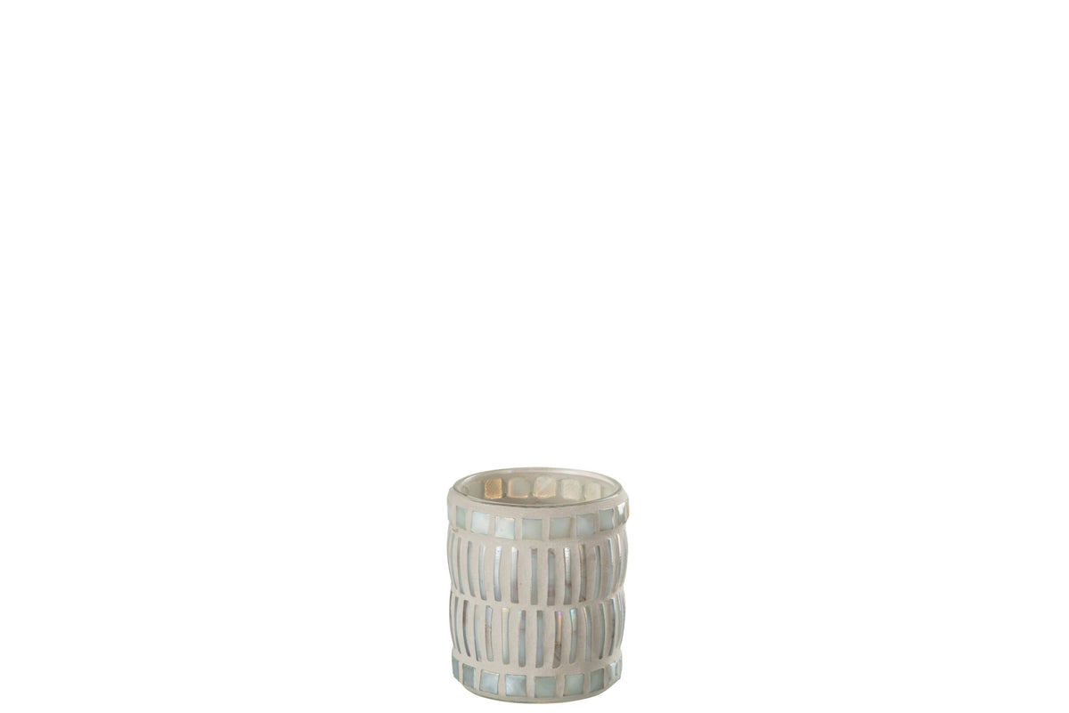 Kaarshouder Mozaiek Rond Glas/Cement Parelmoer/Grijs Small