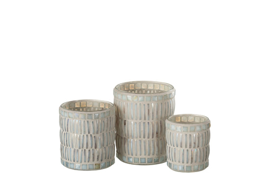 Kaarshouder Mozaiek Rond Glas/Cement Parelmoer/Grijs Large