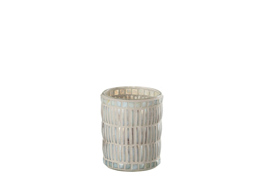 Kaarshouder Mozaiek Rond Glas/Cement Parelmoer/Grijs Large