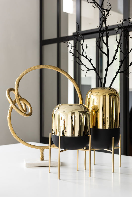 Windlicht Op Voet Glas Zwart/Goud Small