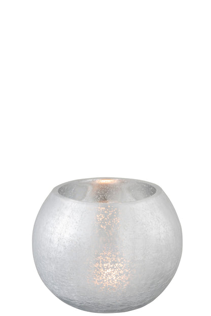 Windlicht Bol Craquele Glas Mat/Blinkend Zilver Medium
