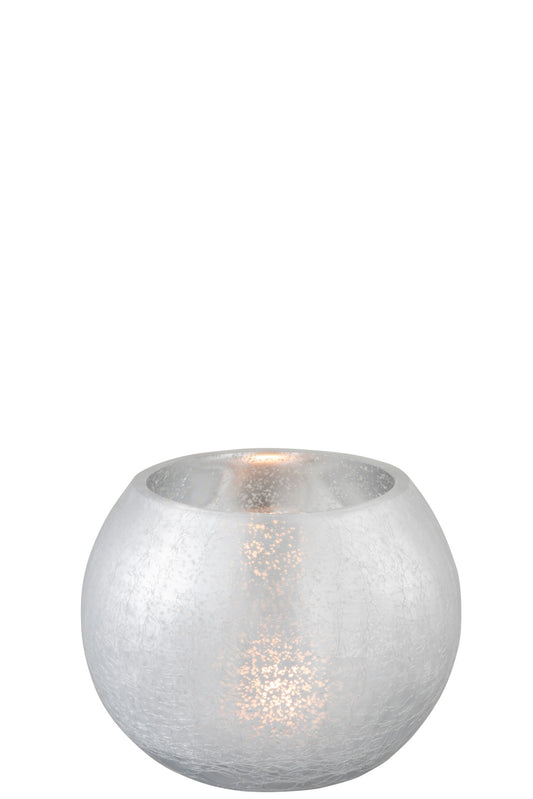 Windlicht Bol Craquele Glas Mat/Blinkend Zilver Medium