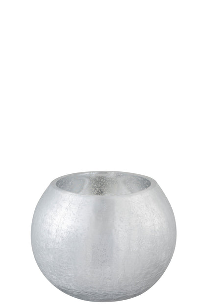 Windlicht Bol Craquele Glas Mat/Blinkend Zilver Medium