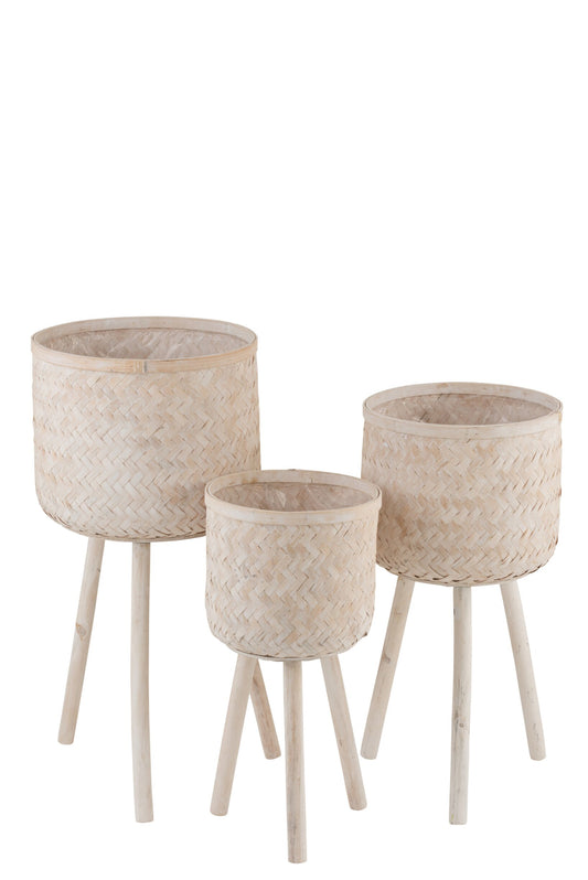 Set 3 Flowerpot Holders 3 Legs Bamboo/Plastic Natural Wash